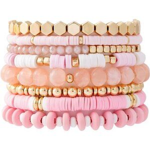 Surfer Heishi Clay Bead Bracelets for Women Bohemian Stackable Gold Light Pink